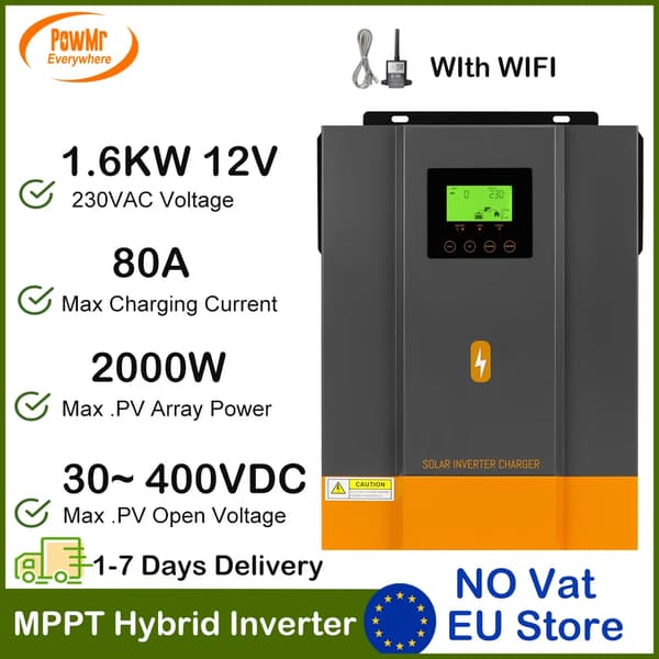 Hybrid sol inverter, 1,6KW/3KW effektvurdering, 80A maks. ladestøm,POW-1.6KW-WIFI