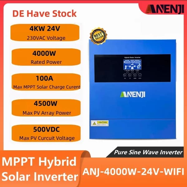 Hybrid Solar Inverter, 2000W/4000W Tehoarvo, Sisäänrakennettu MPPT-tekniikka,220-240V, ANJ-4000W-24V-WIFI