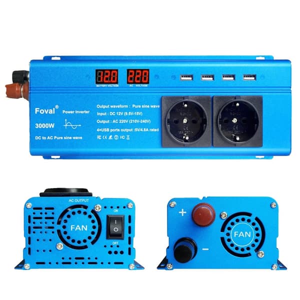 Ren sinusbølgeinverter, 1500W/2200W output, dobbelte USB-porte, kompakt design,12V 50Hz, europa, 3000W blå
