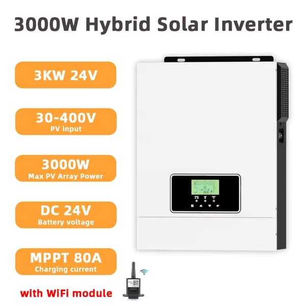 Hybrid Solar Inverter, 3000W Puhtaan Sinimuotoisen Aallon, 80A MPPT Lataus,220V-240V, 3000W-24V BAT-WiFi