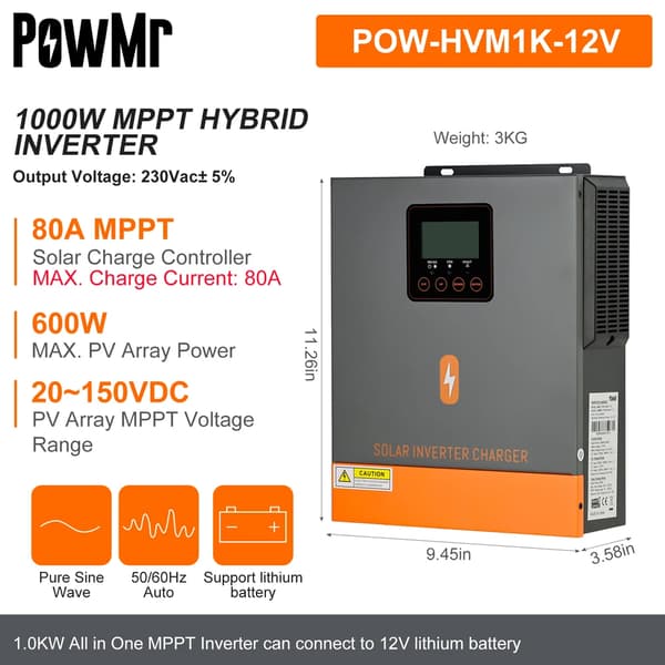 Hybrid Solar Inverter, 1000W Puhtaan Sinimuotoisen Aallon, 80A MPPT Aurinkosähkölatausohjain,220-240V, 1KW 12V