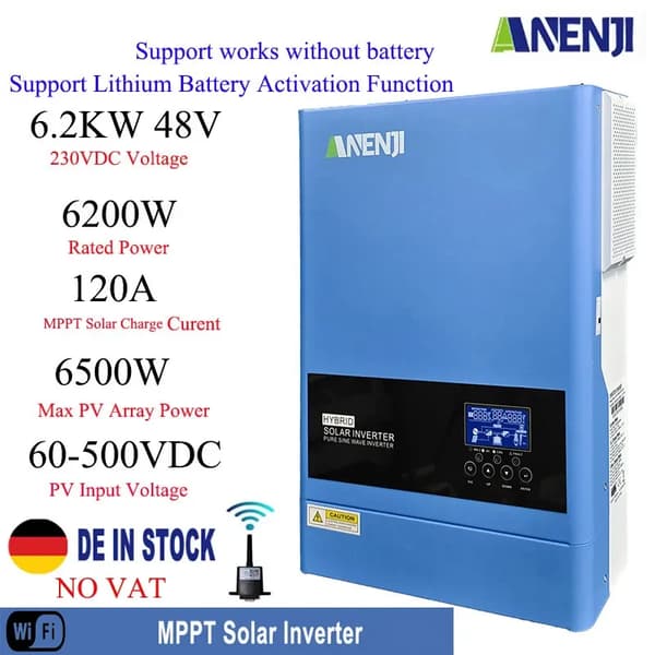 Hybrid Solar Inverter, 4000W Nimellisteho, 100A MPPT Aurinkolatausvirta,6200W 48V