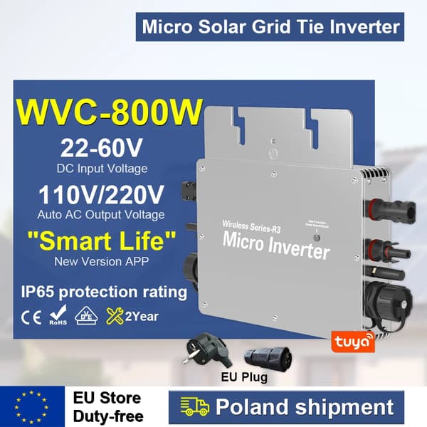 Mikroinverter, alsidig udgangseffekt, vandtæt konstruktion, mulighed for brug med smarte enheder,WVC800-EU stik, 22-60VDC, 110V230VAC 50HZ60HZ