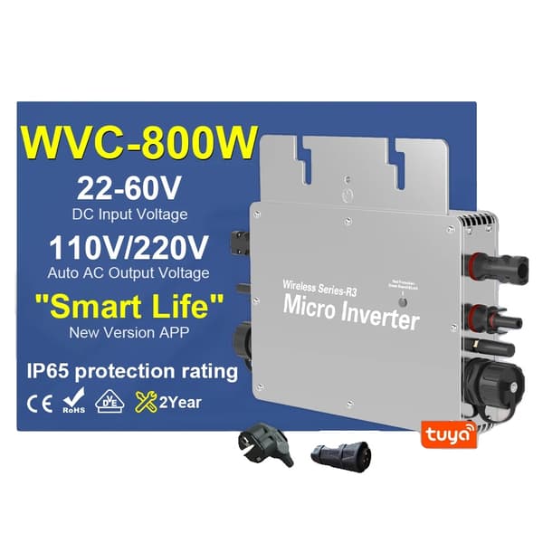 Mikroinverter, alsidig udgangseffekt, vandtæt konstruktion, mulighed for brug med smarte enheder,WVC800-EU stik, 22-60VDC, 110V230VAC 50HZ60HZ