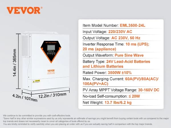 Hybrid Solar Inverter, Nimellisteho, Puhtaan Sinimuotoisen Aallon Ulostulo, 60A MPPT Lataussäädin,3500W