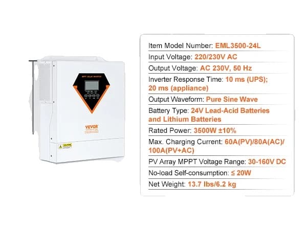 Hybrid Solar Inverter, Nimellisteho, Puhtaan Sinimuotoisen Aallon Ulostulo, 60A MPPT Lataussäädin,3500W