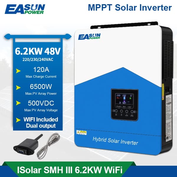 Hybrid sol inverter, Nominel effekt 2200W til 6200W, Ren sinusbølgeudgang,SMH-III-6.2KW-WiFi