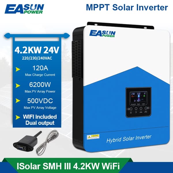 Hybrid Solar Inverter, Nimellisarvo 2200W - 6200W, Puhtaan Sinimuotoisen Aallon Ulostulo,SMH-III-4.2KW-WiFi