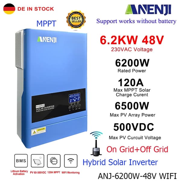 Hybrid Solar Inverter, 4.2 kW Nimellisteho, 100 A Aurinkolatausvirta,ANJ-6200W-48V, 220-240V