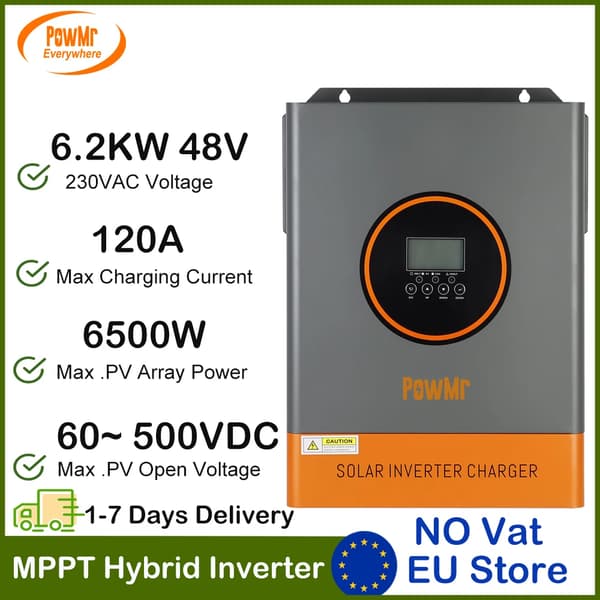 PowMr Aurinkosäädin, 6.2KW Teho, 230VAC Ulostulo,POW 6200W