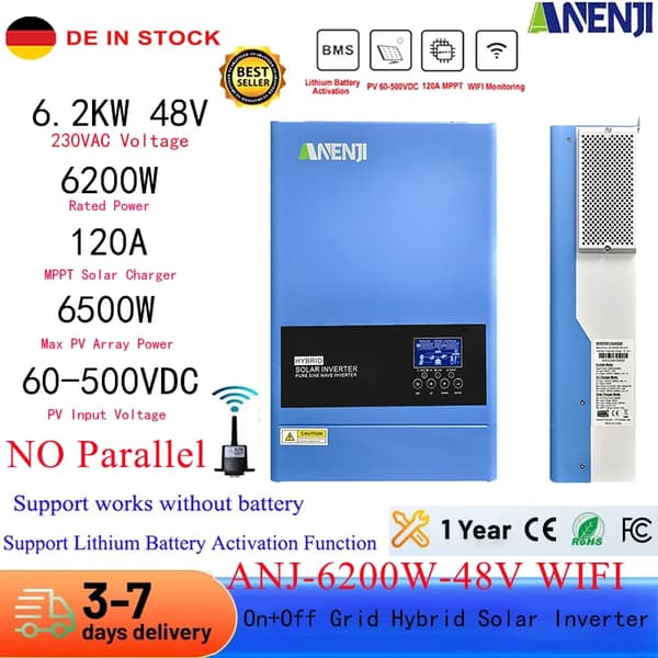 Hybrid Solar Inverter, 6.2 kW Nimellisteho, 120A MPPT Aurinkolataaja, WIFI-yhteys,EI Rinnakkain, 220-240V