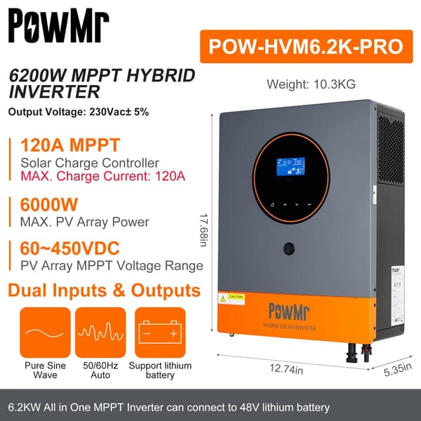 Hybrid Solar Inverter, 6.2 kW Teho, 120A MPPT Aurinkolatausohjain, Kaksois-AC Syöttö,Ei WIFI, 220-240V, 6.2KW 48V PRO