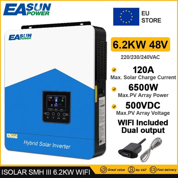 Hybrid Solar Inverter, AC-latausvirta 100A, maksimaalinen PV-syöttöteho 120A,SMH-III-6.2KW wifi