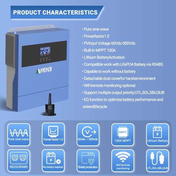 Hybrid Solar Inverter, 4000W Teho, 100A Virta, Puhtaan Sinimuotoisen Aallon,ANJ-4000W-24V-WIFI