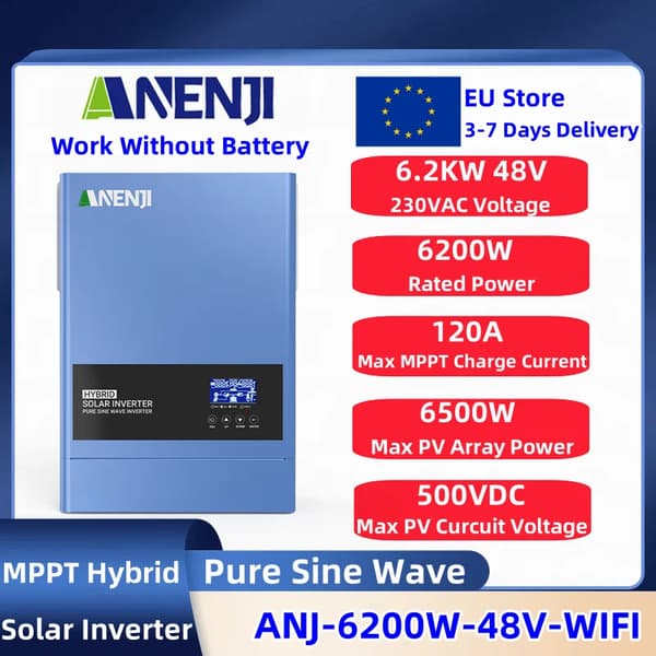 Hybrid Solar Inverter, Puhtaan Sinimuotoisen Aallon, WiFi-etävalvonta, Tukee Toimintaa Ilman Akkuja,ANJ-6200W-48V-WIFI