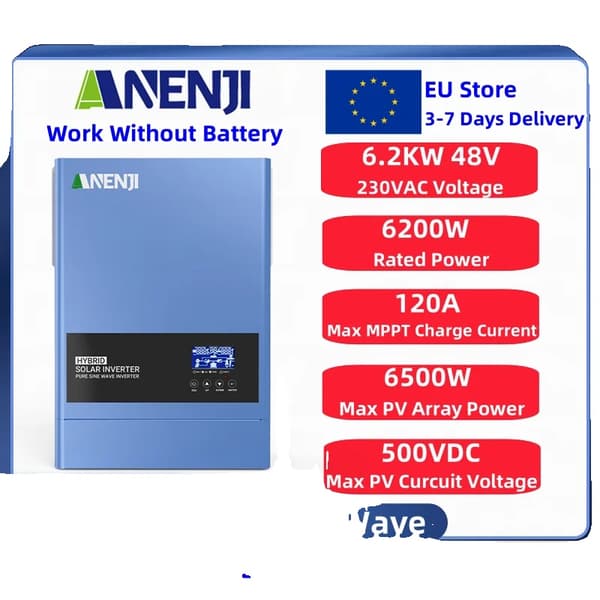 Hybrid Solar Inverter, Puhtaan Sinimuotoisen Aallon, WiFi-etävalvonta, Tukee Toimintaa Ilman Akkuja,ANJ-6200W-48V-WIFI