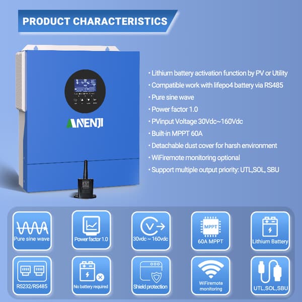 Solomvandlare, 220V, 12V, 2KW Hybrid,ANJ-2000W-12V-WIFI