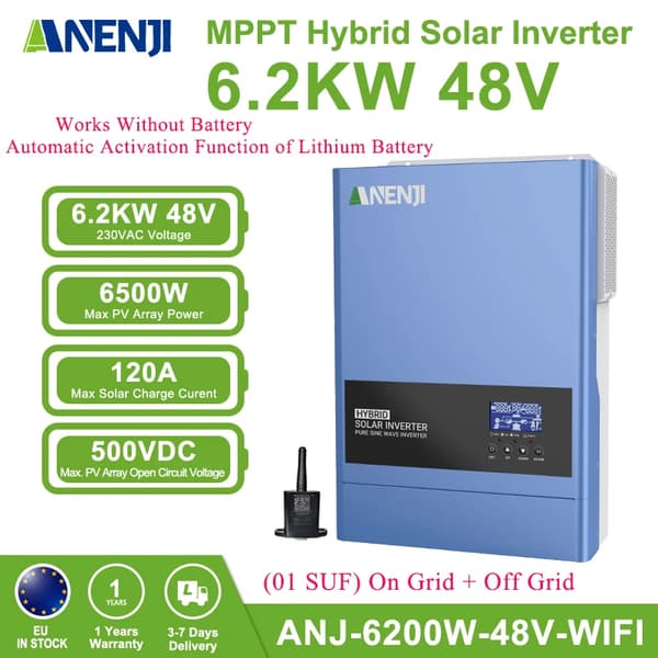 Hybrid Solar Inverter, 6500VA Nimellisteho, 60-500VDC MPPT-alue, RS232/RS485 ja WiFi-viestintä,ANJ-6200W 48V WIFI, 220-240V