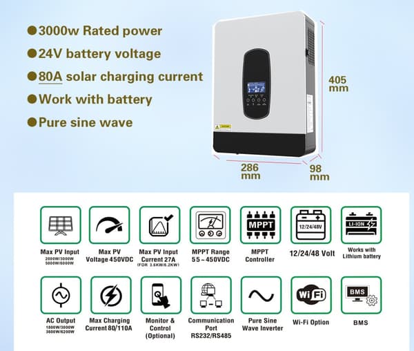 Off-Grid Aurinkosinvertteri, 80A MPPT Ohjain, 3000W Teho, Puhtaan Sinimuotoisen Aallon Ulostulo,24V, 3kw-24v-wifi, 220-240V