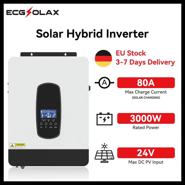 Hybrid Solar Inverter, 3000W Nimellisteho, 12V tai 24V Akun Jännite, 80A Aurinkolatausvirta,220V-240V, 3000W 24V