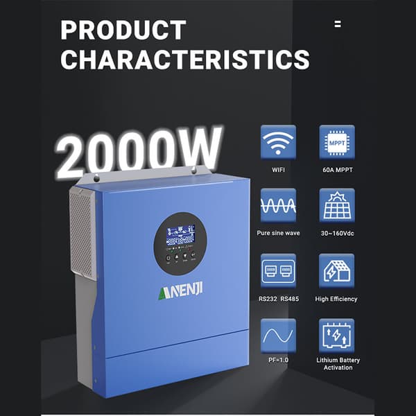 Aurinkosuuntaaja, 2KVA kapasiteetti, puhdas sinimuotoinen lähtö, MPPT-latausteknologia,12V, ANJ-2000W-12V-WIFI, 220-240V