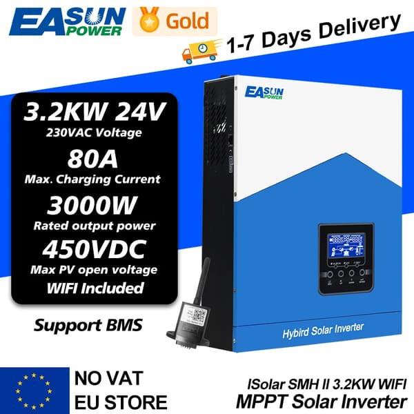 Hybrid Solar Inverter, 3.2 kW Nimellisteho, 80A Maksimilatausvirta, 450V Max. PV Syöttö,3.2KW 24V Wifi