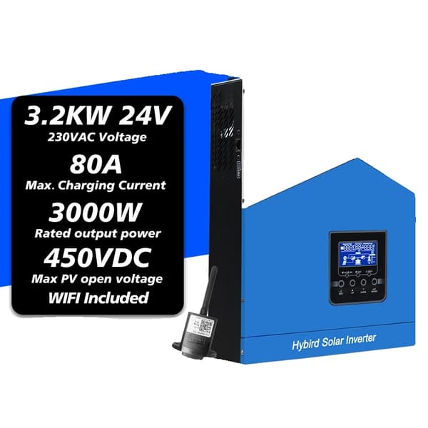 Hybrid Solar Inverter, 3.2 kW Nimellisteho, 80A Maksimilatausvirta, 450V Max. PV Syöttö,3.2KW 24V Wifi