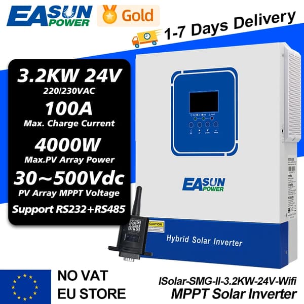 Hybrid Solar Inverter, 4KVA kapasiteetti, 24VDC akkujännite, 4000W maksimi PV-teho,SMG II 3.2K 24V WiFi