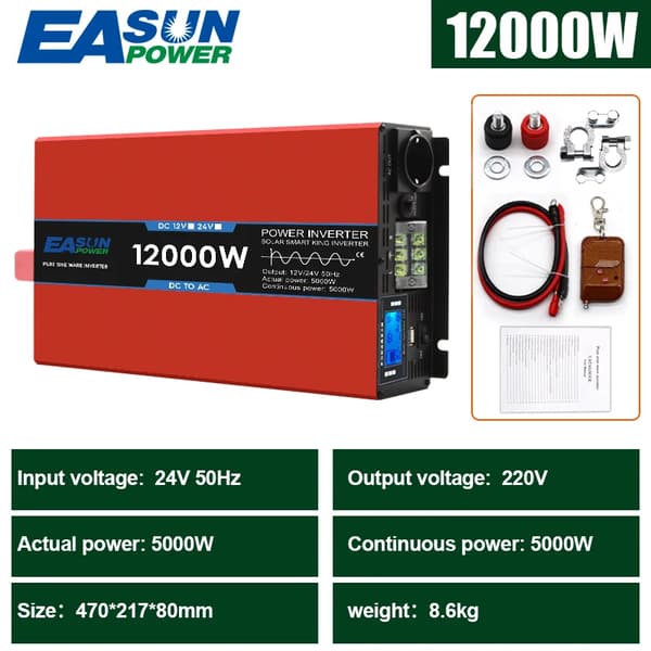 Tehoinvertteri, puhdas sinimuotoinen lähtö, useita tehotasoja, kompakti muotoilu,220v, 12000w, 24V