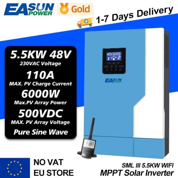 Hybrid Solar Inverter, 5500W Teho, WiFi-yhteensopiva, Puhtaan Sinimuotoisen Aallon,SML-III-5.5KW-WIFI