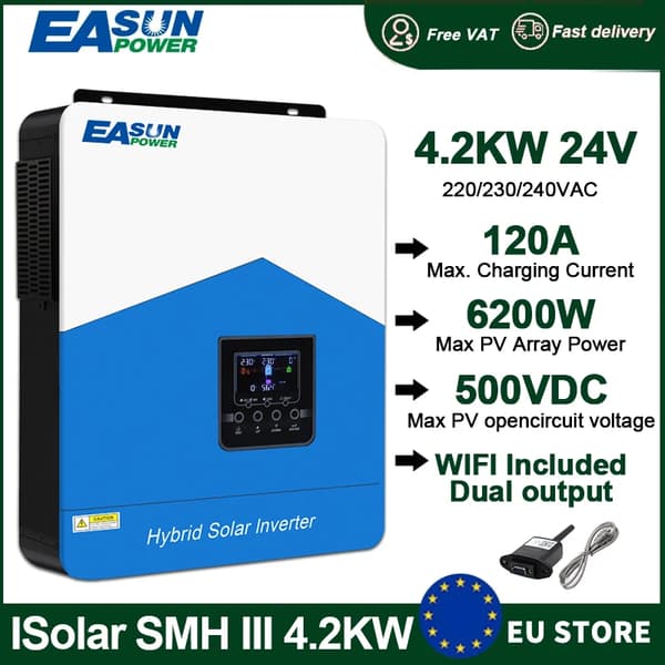 Hybridi aurinkoinvertteri, 4200 W lähtöteho, kaksoislähtöisyys,220v, SMH III 4.2K 24V WIFI