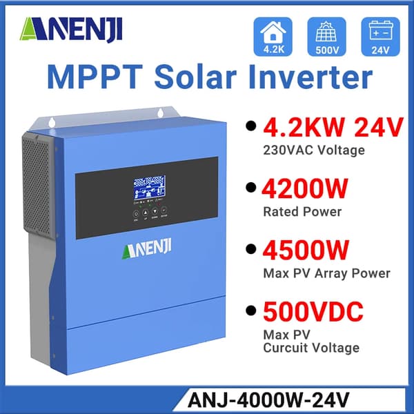 Hybrid sol inverter, 4200W nominel effekt, ren sinuskurveudgang, indbygget 100A MPPT,ANJ-4000W-24V, 220-240V