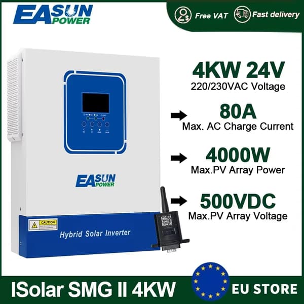 Hybrid Solar Inverter, 4KW Teho, 80A Latausvirta, Syöttöjännite,220V, SMG II 4KW 24V WIFI