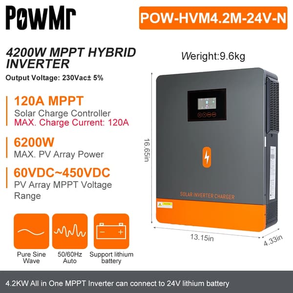 Hybrid Solar Inverter, 4.2 kW Teho, 6200 W Maksimi PV Syöttö,4,2 kW 24v kuuma, 220-240V, Ei wifi