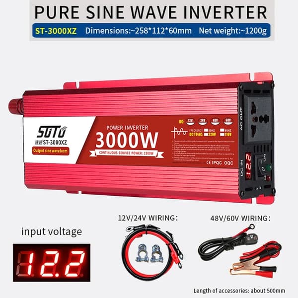 Inverter, ren sinusvågform, LCD-skärm, 3000W DigitalDisplay, 12V, 220V-240V 50HZ