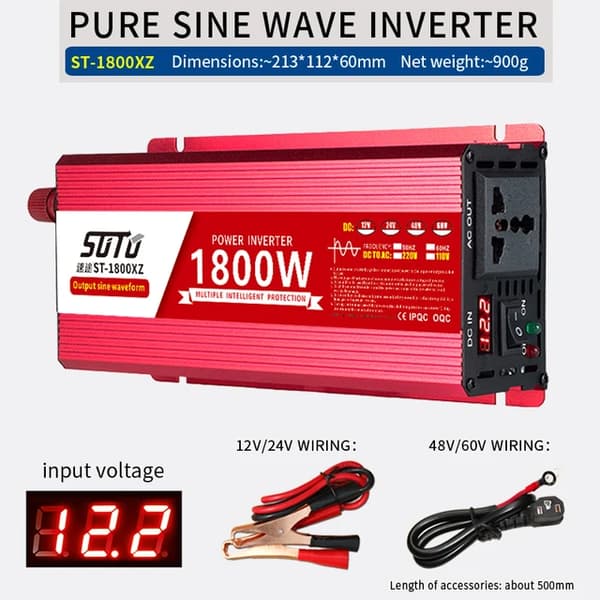 Invertteri, puhdas siniaaltomuoto, LCD-näyttö, 1800W digitaalinäyttö, 12V, 220V-240V 50HZ
