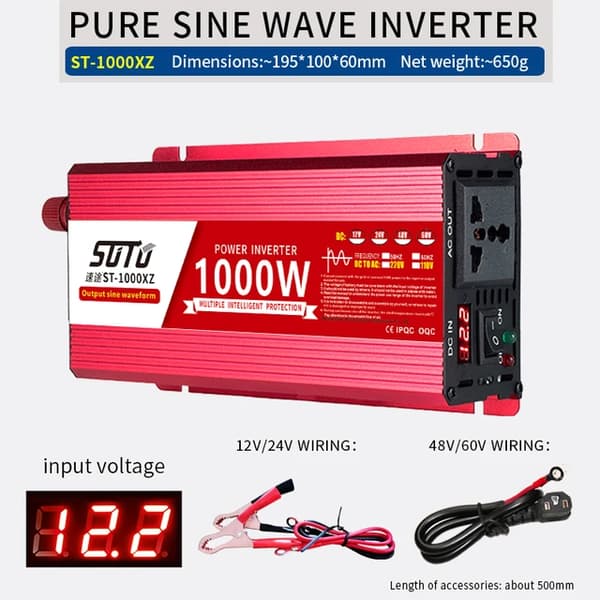 Inverter, ren sinusvågform, LCD-skärm, 1000W DigitalDisplay, 12V, 220V-240V 50HZ