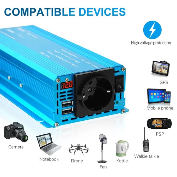 Puhtaan siniaaltoinvertteri, 1500W/2200W lähtö, kaksi USB-porttia, kompakti muotoilu,Eurooppa, 2600W sininen, 12V 50Hz12 volttia 50 hertsiä