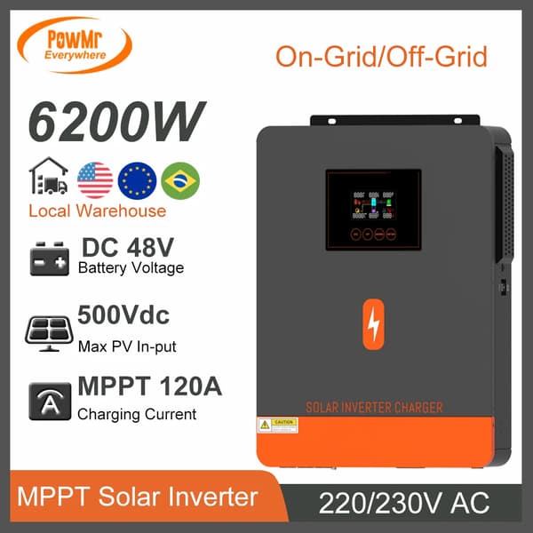 Hybrid Solar Inverter, puhdas sinimuotoinen lähtö, MPPT-lataus,Ei WIFI-moduulia, 6.2KW 48V