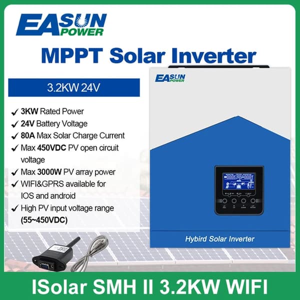 Aurinkoinvertteri, 3200VA teho, sisäänrakennettu MPPT 80A aurinkosäädin, SMH-II-32K-Wifi