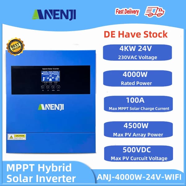 Hybrid Solar Inverter, 4000W/6200W Nimellisteho, 100A/120A MPPT Aurinkosähkölatausvirta,ANJ-4000W-24V-WIFI