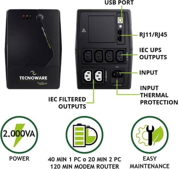 Tecnoware UPS ERA PLUS 2000, 2000VA UPS, Skydd mot strömavbrott för PC, Modem, Videoövervakning
