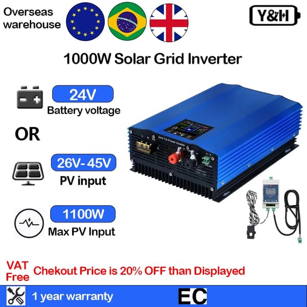 Solarmikroinverter, 1000W utgångseffekt, 24V batterispänning, 230V växelströmsspänning,190-260V, 1000W-24VBAT