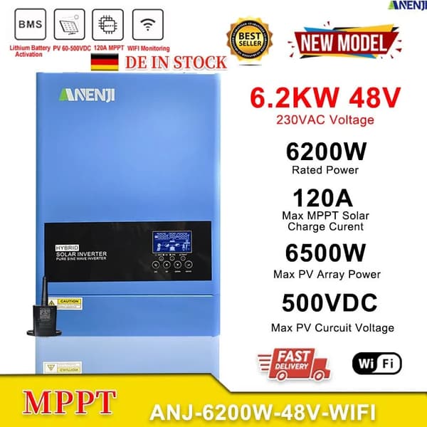 Hybrid Solar Inverter, 6.2 kW Nimellisteho, 120A MPPT Aurinkolataus, 230V Syöttöjännite,ANJ-6.2KW-48V-WIFI
