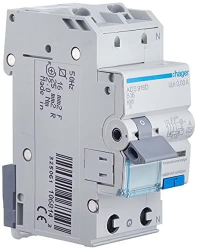 Hager ADS916D. Indgangsspænding: 240 V, Strømværdi: 16 A, Spolespænding: 500 V. Type: A-type, Farve på produkt: Blå, Hvid. Bredde: 35 mm, Dybde: 68 mm