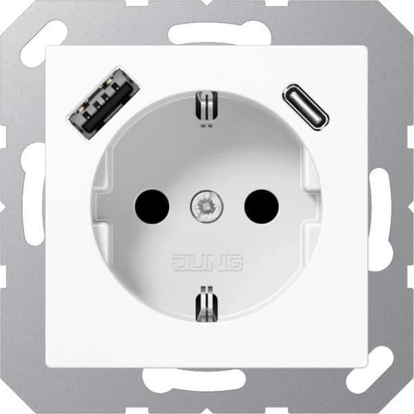 JUNG vägguttag med 2x USB-laddare (1x typ A och 1x typ C - A och AS sortiment - Alpinvit - RAL9016 - Glans