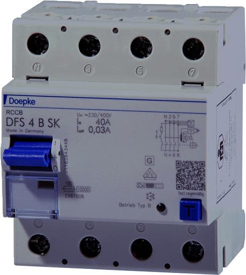 Doepke 09134998 Reststrømsenhed B-Type 4P Kortslutning 230-400 40 A 72 mm 75 mm 85 mm Blå Grå
