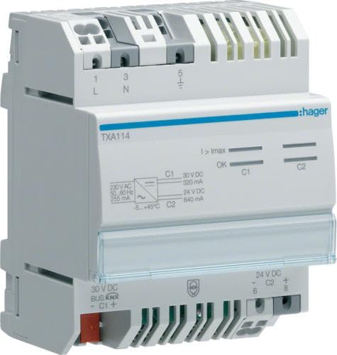 Hager TXA114 KNX strømforsyning 320mA + 24VDC udgang 4TE