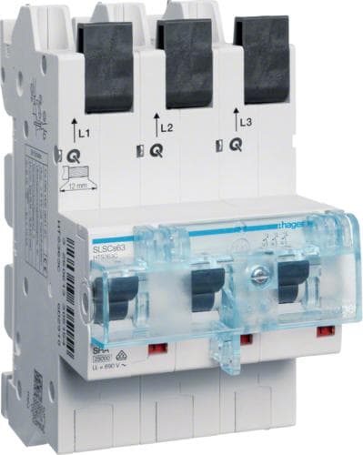 Hager HTS363C. Tulojännite: 230/400 V. Moduulimäärä (max): 4,5 moduulia, kytkentäkapasiteetti: 63 A. Leveys: 81 mm, korkeus: 158 mm (HTS363C)