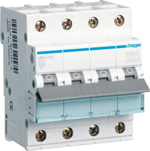 Hager MBN632. Mærkestrøm: 32 A. Type: B-type, moduler Antal (maks.): 4 modul(er). Bredde: 70 mm, Dybde: 70 mm, Højde: 83 mm (MBN632)